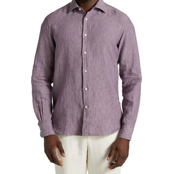 Saks Fifth Avenue Linen Classic Long Sleeve Button Down Shirt Purple Mens 17L - Picture 1 of 11